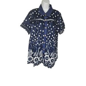 Noracora Button Down Shirt Eyelet Lace‎ Trim Short Sleeve Top